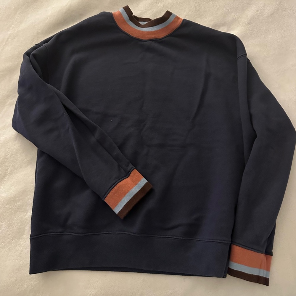 Madewell mock-neck sweatshirt in navy with light blue and peach stripes